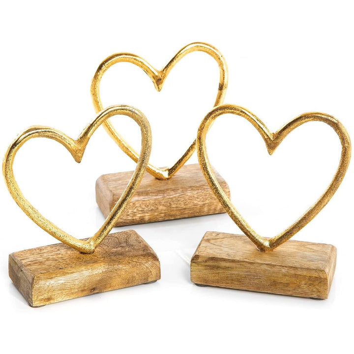 3 kleine Herz Figuren aus Metall & Holz Gold braun - Dekoherz Silhouette Herzfigur 13 cm - Foto 1