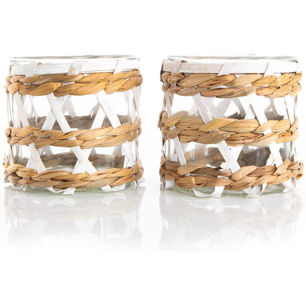 2 Windlichter aus Glas 12 x 12 cm verziert mit Rattan - Natur weiß - Foto 1