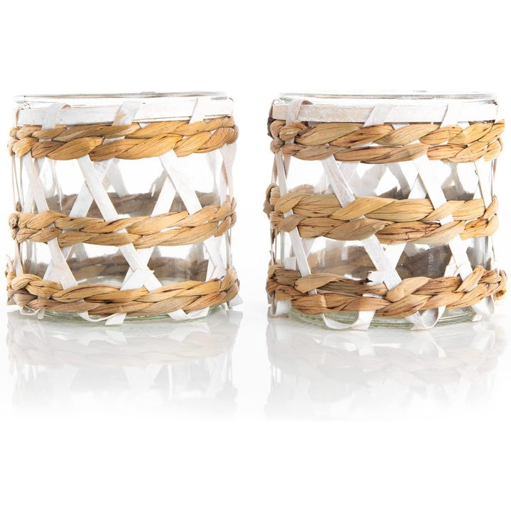 2 Windlichter aus Glas 12 x 12 cm verziert mit Rattan - Natur weiß - Foto 1