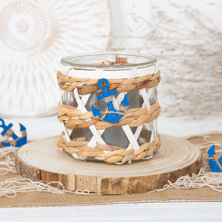 2 Windlichter aus Glas 12 x 12 cm verziert mit Rattan - Natur weiß - Foto 2
