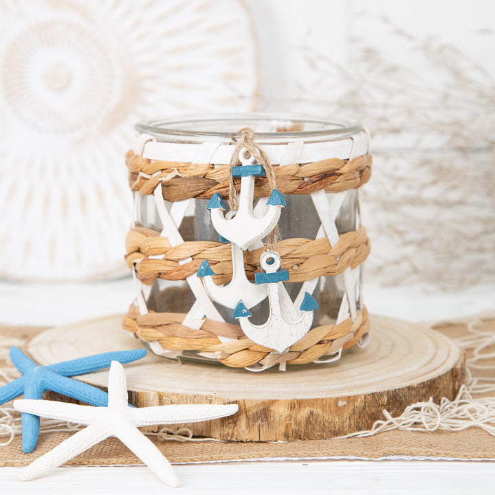 2 Windlichter aus Glas 12 x 12 cm verziert mit Rattan - Natur weiß - Foto 3