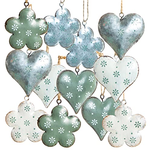12 frühlingshafte Metallanhänger - Blume + Herz - grün weiß Silber - Foto 1
