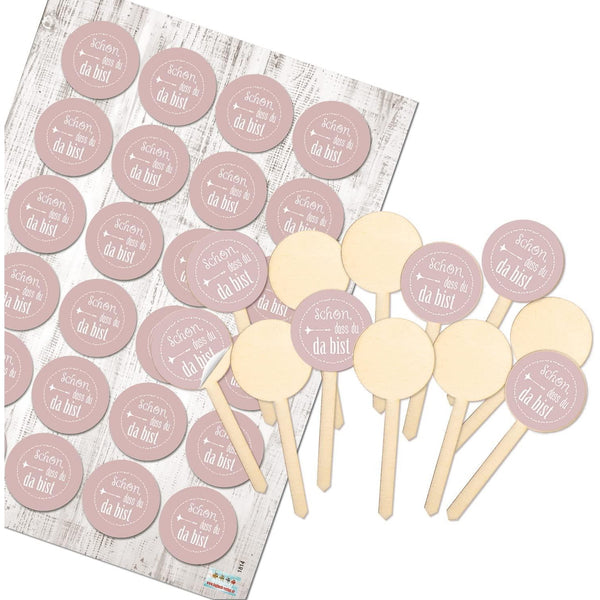 12 Cake Topper aus Holz mit Sticker SCHÖN DASS DU DA BIST rosa - Foto 1