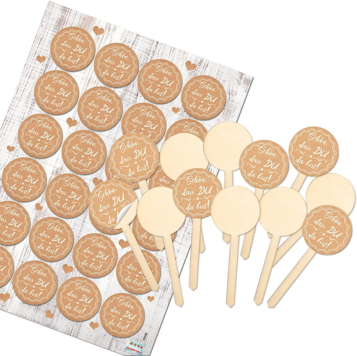 12 Cake Topper aus Holz mit Herz Aufklebern rot weiß - Ø 4 cm