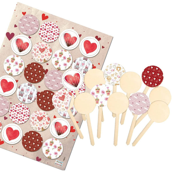 12 Cake Topper aus Holz mit Herz Aufklebern rot weiß - Ø 4 cm - Foto 1