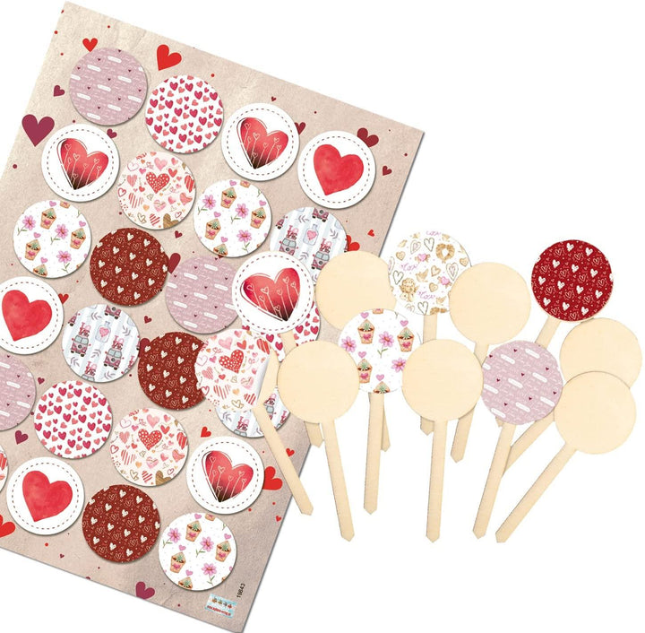 Logbuch-Verlag 12 kleine Kuchenstecker aus Holz 9 cm - Muffin Cupcake Mini-Kuchen Topper mit Herzaufkleber blau türkis Taufe Kommunion