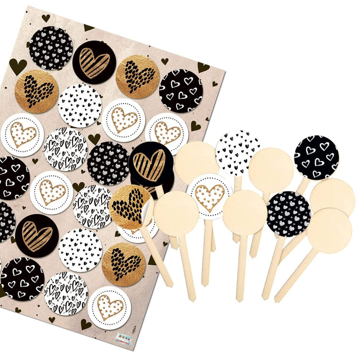 12 Cupcake Topper 9 cm - Muffin Stecker mit Herzaufkleber schwarz weiß gold - Kuchen Deko Verzierung Hochzeitsdeko - Foto 1
