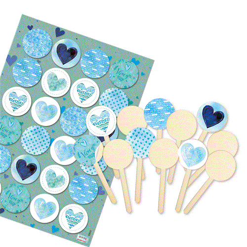 12 kleine Kuchenstecker aus Holz 9 cm - Muffin Cupcake Mini-Kuchen Topper mit Herzaufkleber blau türkis Taufe Kommunion - Foto 1