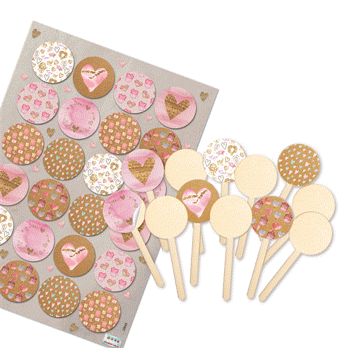 12 Cupcake Topper - Muffinstecker 9 cm mit Herz Aufkleber rosa beige - Deko Verzierung für Muffins Cupcakes & kleine Kuchen - Foto 1