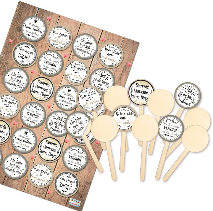 Logbuch-Verlag 12 kleine Holzstecker für Cupcakes, Kuchen, Muffins + 24 Sprüche Aufkleber - Geburtstagskuchen verzieren Geschenkidee
