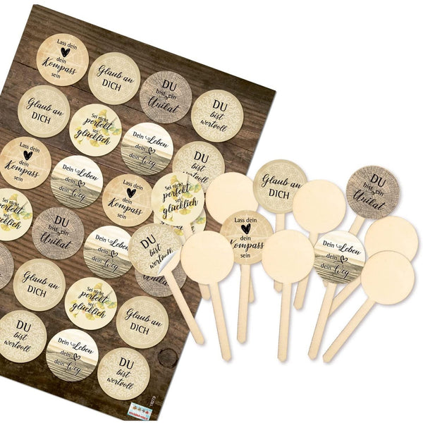 12 kleine Muffinstecker aus Holz + 24 Motivationsaufkleber natur - Kuchen Muffin Deko Bastelzubehör Küche - Foto 1