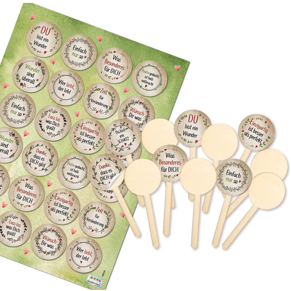 12 kleine Holzstecker für Cupcakes, Kuchen, Muffins + 24 Sprüche Aufkleber - Geburtstagskuchen verzieren Geschenkidee - Foto 1