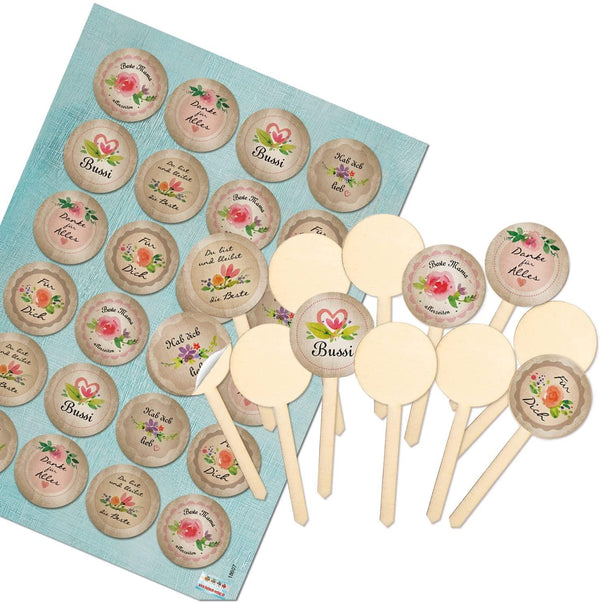 12 kleine Kuchenstecker / Topfstecker aus Holz + 24 Sprüche Sticker - Hab dich lieb Bussi Muttertag Kuchen Deko - Foto 1