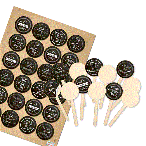 12 Cake Topper aus Holz mit Sprüche Aufklebern schwarz weiß - Muffin Cupcake Stecker 9 cm Ø 4 cm - Foto 1