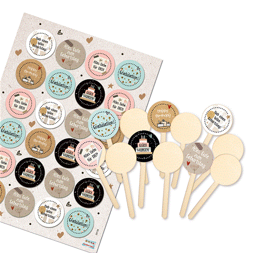 12 kleine Muffin Kuchenstecker für Geburtstage - Cupcake Topper + Aufkleber GLÜCKWUNSCH, HAPPY BIRTHDAY 9 cm Ø 4 cm - Foto 1