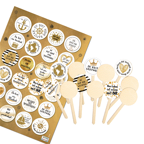 12 Caketopper aus Holz + 24 Aufkleber DU BIST … - Kuchenstecker mit Sprüchen gold weiß - Hochzeit Jahrestag - Foto 1
