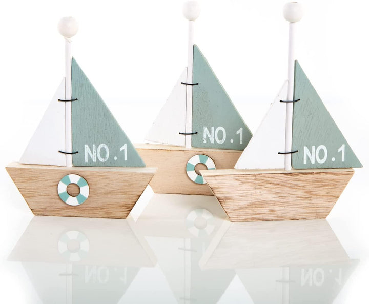 3 Segelschiff Figuren aus Holz 18 cm Natur türkis mintgrün