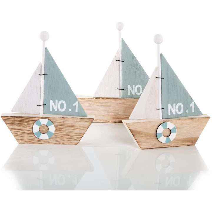 3 Segelschiff Figuren aus Holz 18 cm Natur türkis mintgrün - Foto 1
