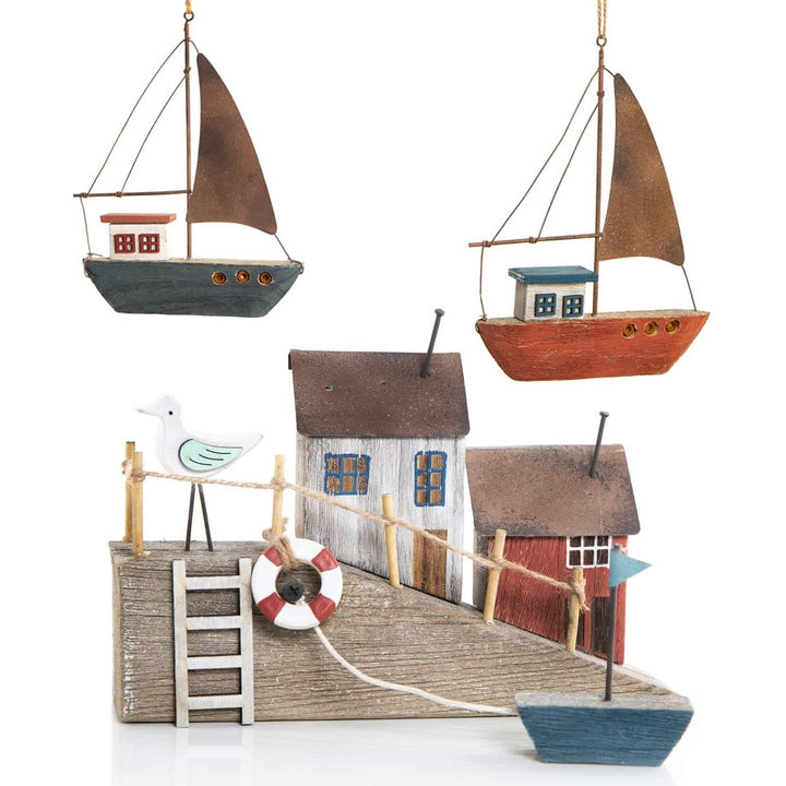 Maritimes Deko Set - Häuser am Meer + 2 Segelboote zum Aufhängen - Foto 1