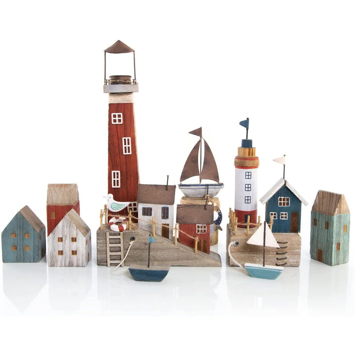 8-teilige Dekostadt aus Holz - maritimes Deko Set mit Leuchtturm - Foto 1