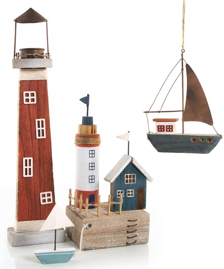 Holzdeko Set maritim nautisch - Leuchttürme + Holzhäuschen + Segelboot