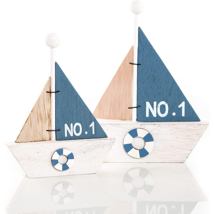 2 kleine Segelschiffe aus Holz blau weiß maritim 15,5 cm + 18 cm - Foto 1