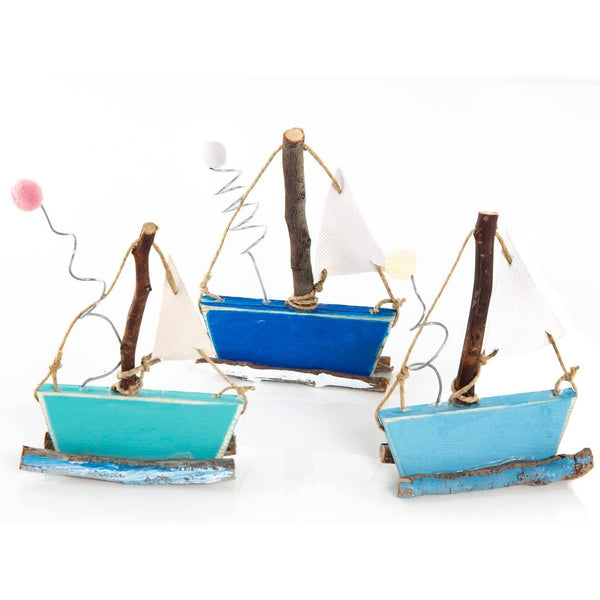 3 kleine Holzschiffe blau türkis hellblau - Maritime Deko Segelboot aus Holz - Foto 1