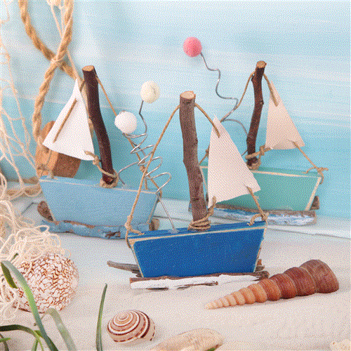3 kleine Holzschiffe blau türkis hellblau - Maritime Deko Segelboot aus Holz - Foto 2