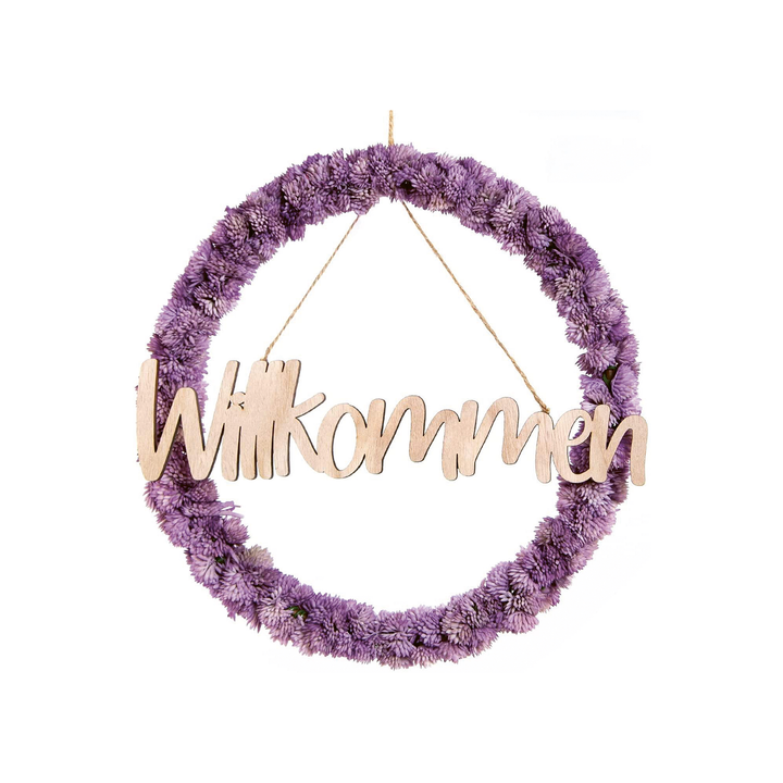 Kunstblumen Ring violett mit Text Schild LIEBLINGSPLATZ aus Holz