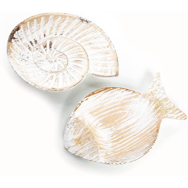 Maritimes Deko Set - Muschel + Fisch Schale aus Holz weiß braun - Foto 1