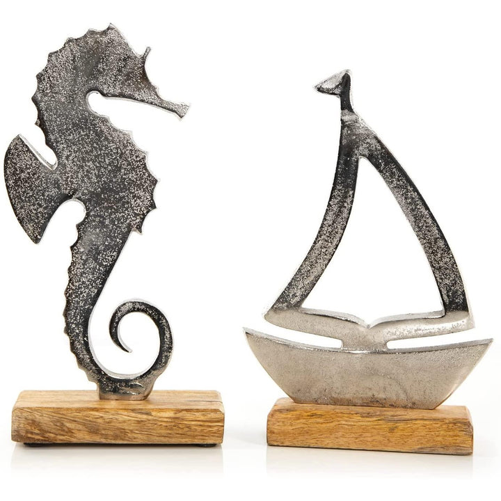 Maritimes Deko Set Seepferdchen + Segelboot aus Metall & Holz - Foto 1