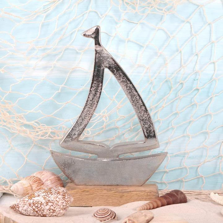 Maritimes Deko Set Seepferdchen + Segelboot aus Metall & Holz - Foto 4