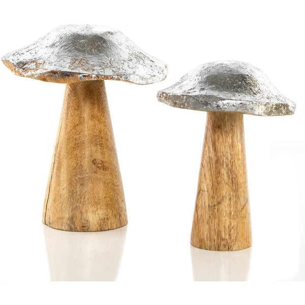 2 Pilz Dekofiguren aus Holz 13 cm + 16 cm Silber braun - Foto 1