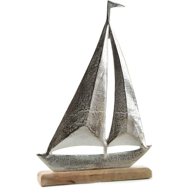 XXL Segelschiff Figur aus Metall Silber glänzend auf Holzsockel - Foto 1