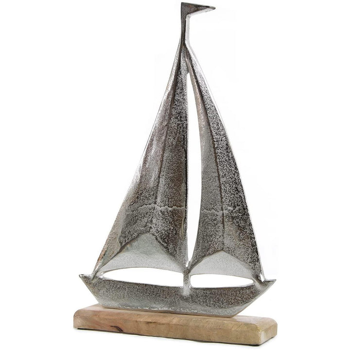 XXL Segelschiff Figur aus Metall Silber glänzend auf Holzsockel - Foto 2