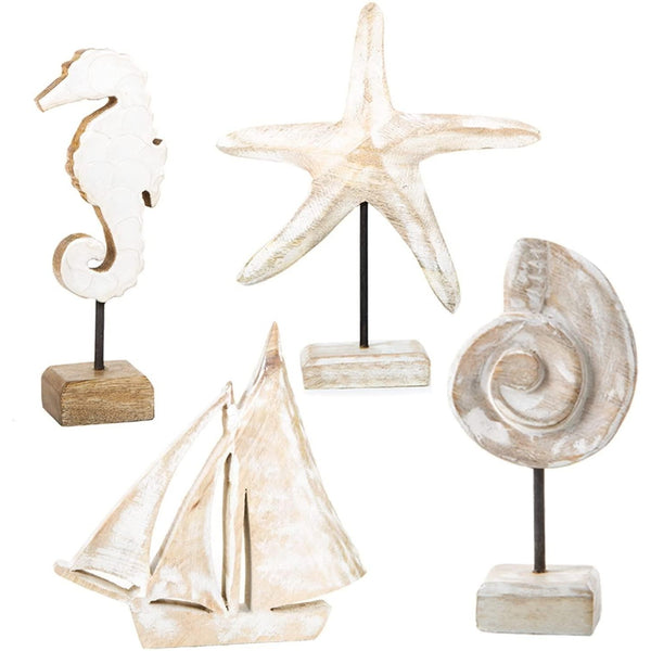 4 Maritime Dekofiguren - Seepferdchen + Holzschiff + Muschel + Seestern - Foto 1