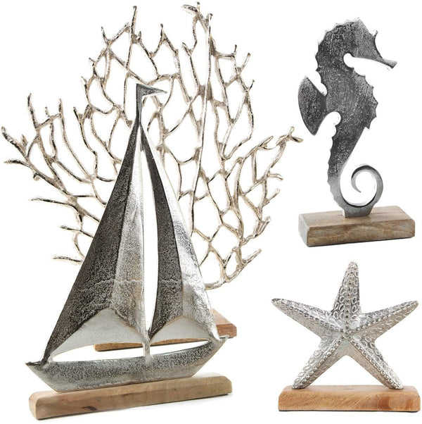 großes Deko Set maritim Silber braun Seegras + Schiff + Seestern + Seepferdchen Dekoset Geschenkset - Urlaub Meer Schaufenster - Foto 1