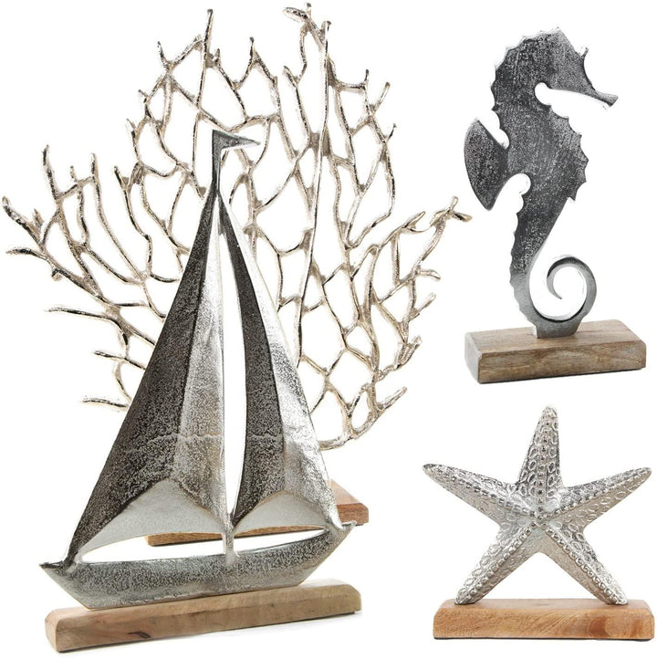 großes Deko Set maritim Silber braun Seegras + Schiff + Seestern + Seepferdchen Dekoset Geschenkset - Urlaub Meer Schaufenster - Foto 1