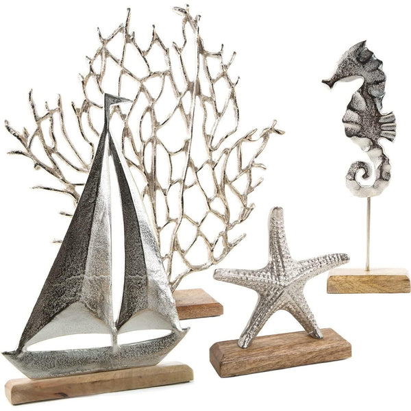 großes maritimes Deko Set - silberfarbene Figuren aus Metall & Holz - Sommerdeko Urlaub Meer - Foto 1