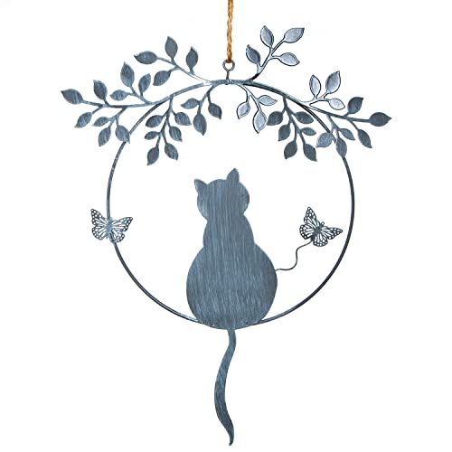 Türkranz aus Metall Silber grau mit Katze - Dekokranz zum Aufhängen - Türschmuck Geschenk für Katzenbesitzer - Foto 1