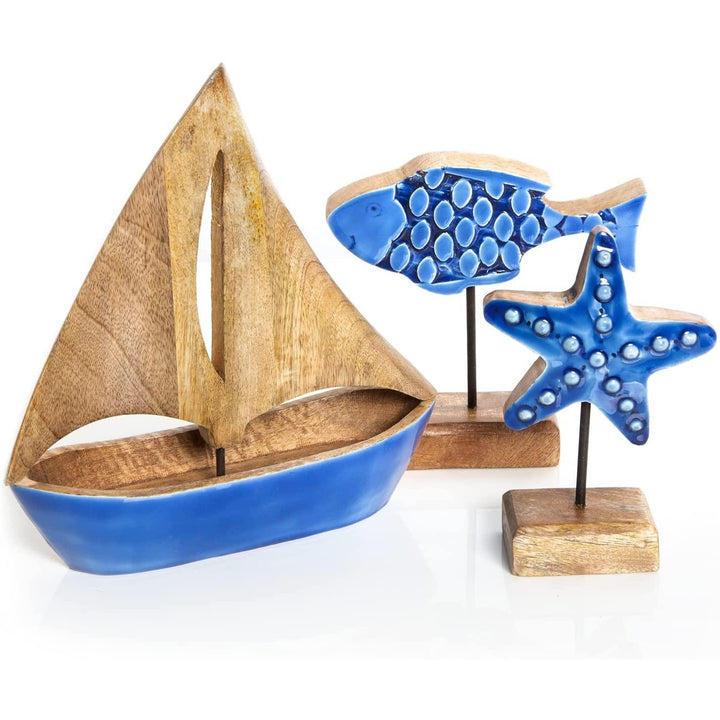 Maritime Deko Set 3 Figuren Segelschiff + Seestern + Fisch - Foto 1