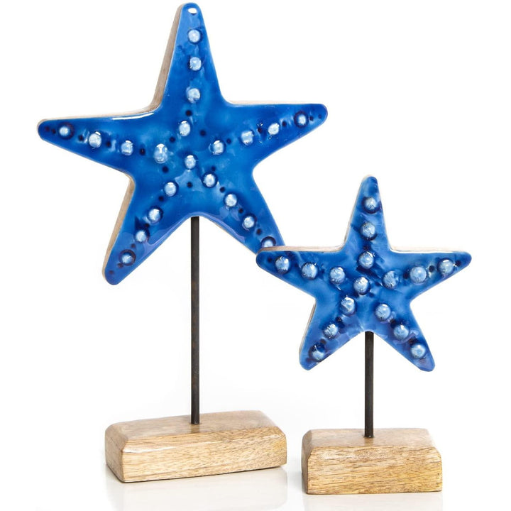 Maritimes Deko Set 2 Seestern Figuren aus Holz blau - Foto 1