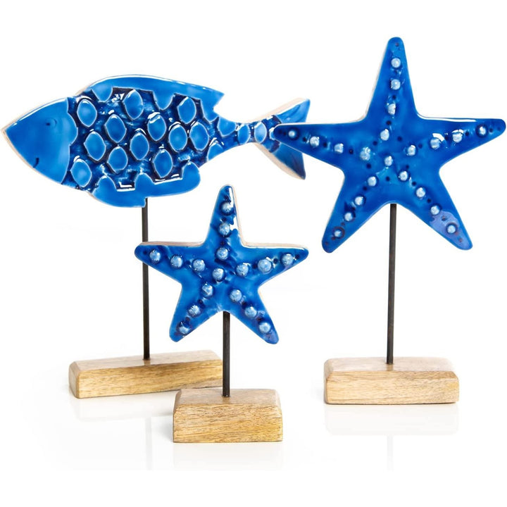 Maritime Deko Set Fisch + 2 Seestern Figuren 25 cm - Holz Keramik Dekoration Sommer Strand Meer Dekoidee - Foto 1