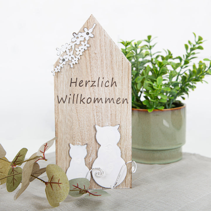 Logbuch-Verlag Holz Katze zum Hinstellen Katzenfigur Dekokatze als Geschenk & Dekoration 19,5 x 12 cm grau
