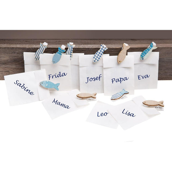 10 kleine weiße Mini-Tüten Papiertüten 5,3 x 7,8 cm + blau türkis Fische Holz Deko-Klammer Tischkarten Namensschilder Kommunion Kinder-Geburtstag Taufe Gastgeschenk give-away Mitgebsel - Foto 1