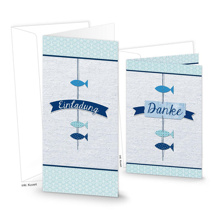 10 Stück maritime Danke-Schön Danksagungskarten Dankekarten Karten blau weiß türkis FISCHE zur Kommunion Taufe Geburtstag Hochzeit MIT Kuvert Kinder-Geburtstag Dankeskarte