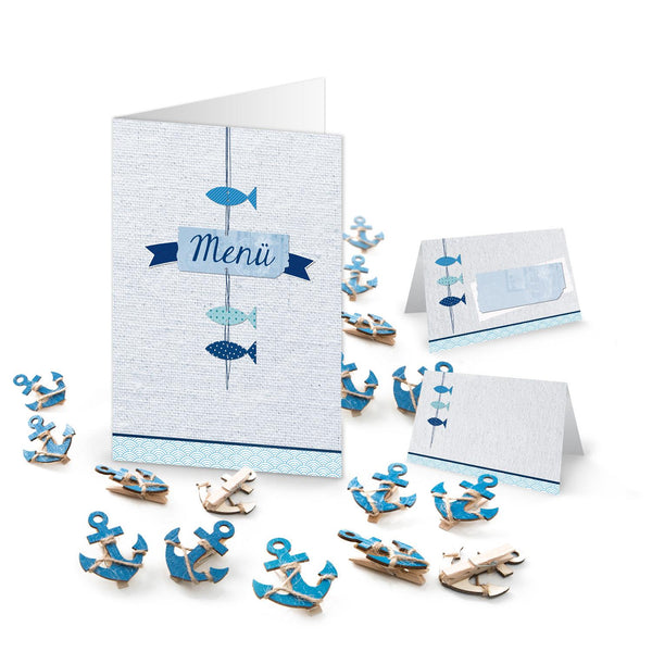 22 Teile Set maritime Tisch-Deko: 10 kleine Geschenkboxen blau weiß türkis + 12 Stück Deko-STREU FISCHE mit Klebepunkt zur Taufe, Kommunion, Kinder-Geburtstag, Hochzeit