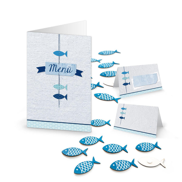 34 Teile Set maritime Tisch-Deko: 10 kleine Geschenkboxen blau weiß türkis + 12 Stück Deko-STREU FISCHE mit Klebepunkt + 12 mini STREU-Teile Fische, Anker, Steuerrad zur Taufe, Kinder-Geburtstag, …