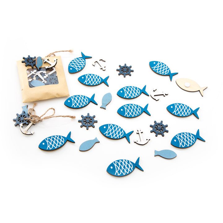 SET Tisch-Deko: 14 Teile Maritime Deko blau weiß: 6 kleine Deko-KLAMMERN FISCH + 6 STREU-Deko Holz-FISCHE 5 cm + 1 Deko-FISCH 10,5 + 1 Holzfisch 13 x 6 cm Streuteile Tischschmuck zur Taufe, …