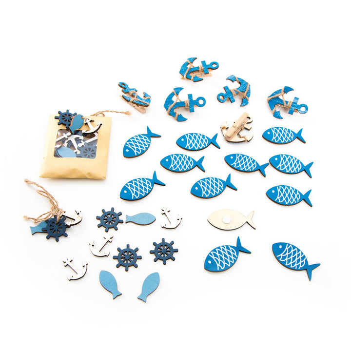 SET Tisch-Deko 14 Teile maritim: 6 Stück kleine blaue Deko-KLAMMERN FISCHE + 6 Holzklammern Schiffs-ANKER + 2 Deko Holz-FISCHE zum Hinstellen 13 x 6 + 10 x 5 cm - Dekoration zur Taufe oder Geschenk